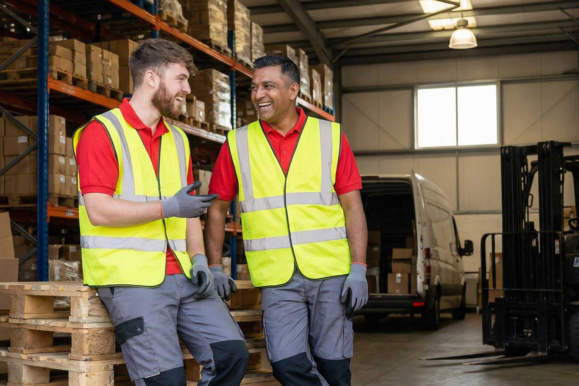 Two warehouse employees in high-visibility safety vests and red shirts conversing in a logistics facility.