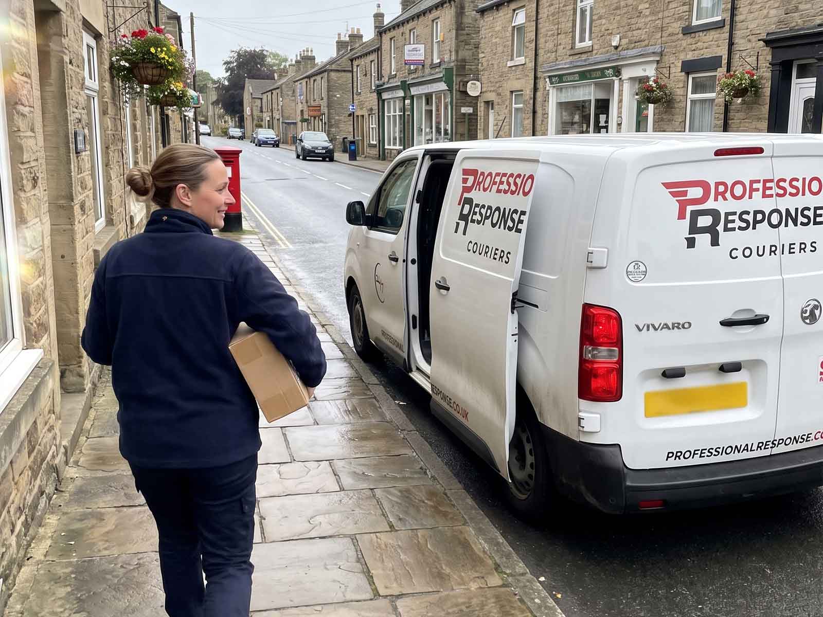 Self-employed courier carrying a parcel past her van on a Yorkshire high street, delivering for Professional Response Couriers